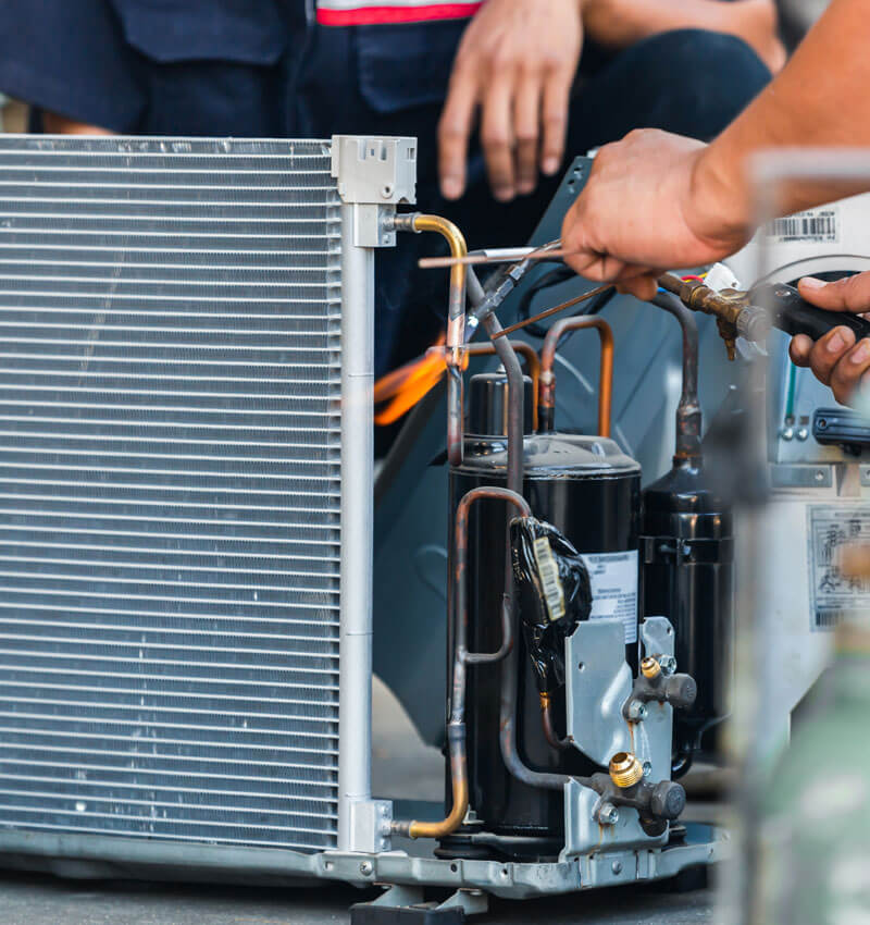 Close Up Of Air Conditioning Repair Team Use Fuel Gases And Oxyg