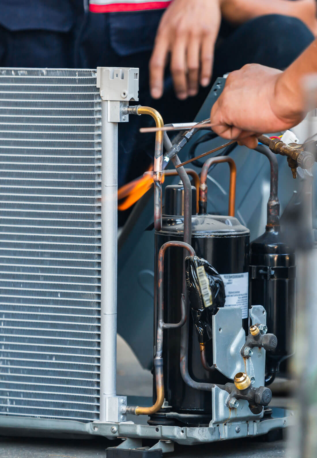 Close Up Of Air Conditioning Repair Team Use Fuel Gases And Oxyg